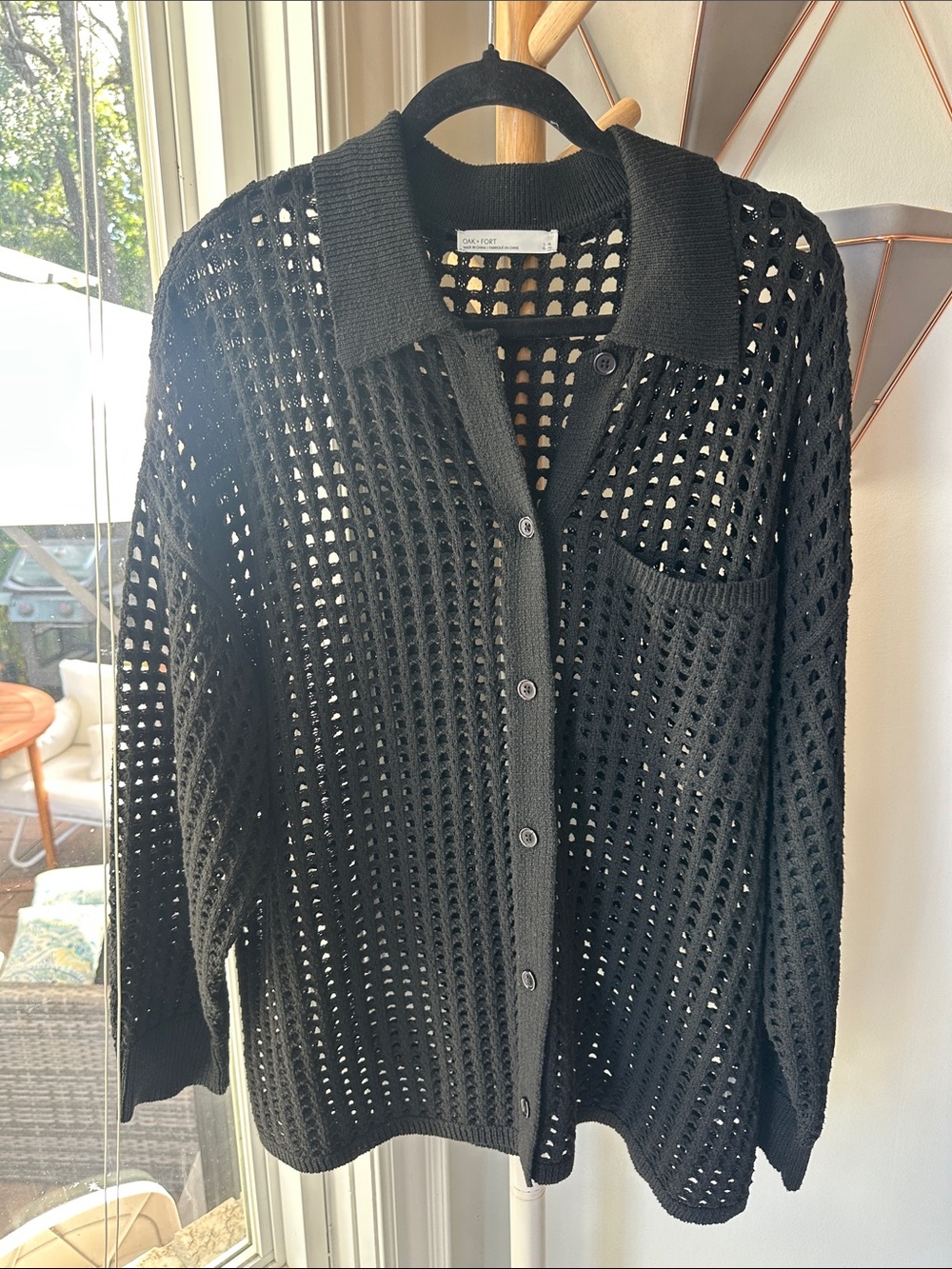 OAK + FORT Black Open-Knit Button-Up Down Sweater Shirt Crochet Knit Large XL